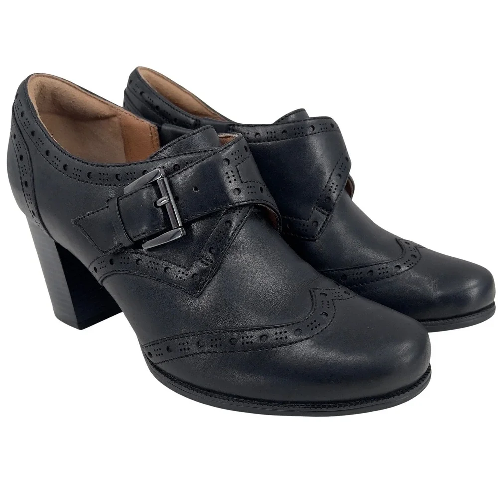 Clarks Artisan Womens Wingtip Brogue Monk Strap Heeled Black‎ Leather Booties  8